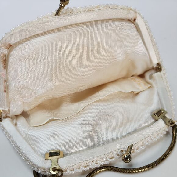 Vtg Handmade White Pearl Bead Sequin Clutch Evening Bag Gold Chain Clasp - Picture 7 of 16